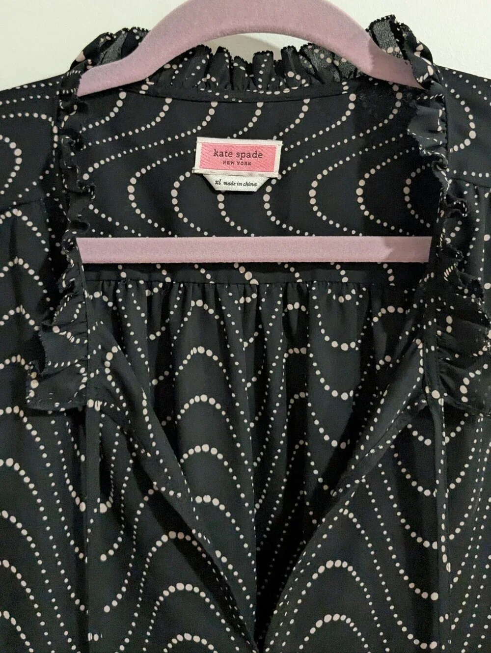 NEW Kate Spade Black Wavy Dot Ruffle-Trim Blouse